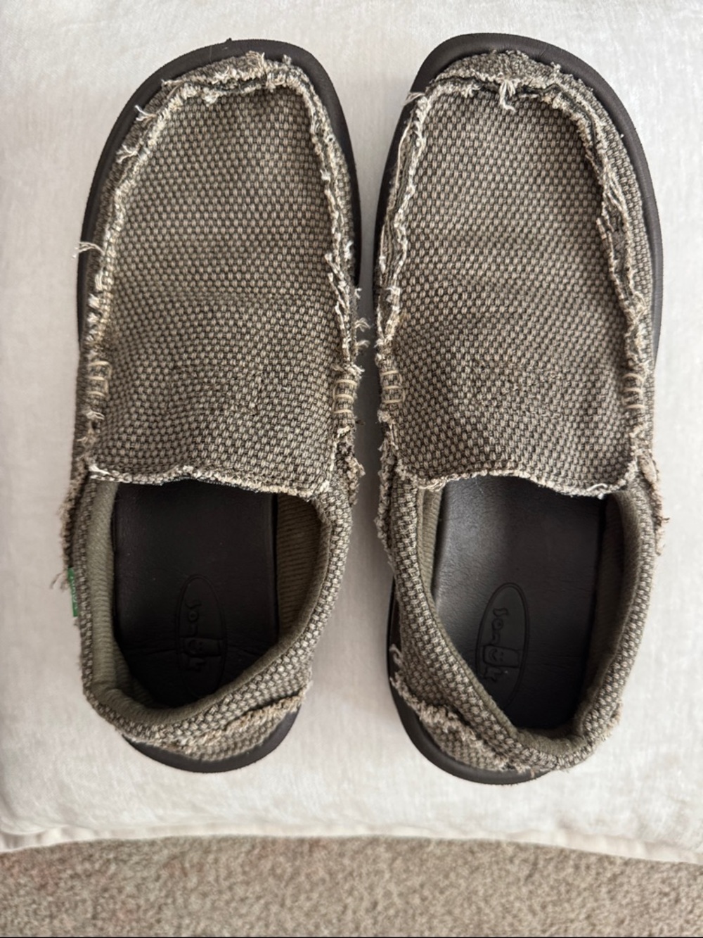 Sanuk Men's Frayed Canvas Slip-Ons in Olive Green